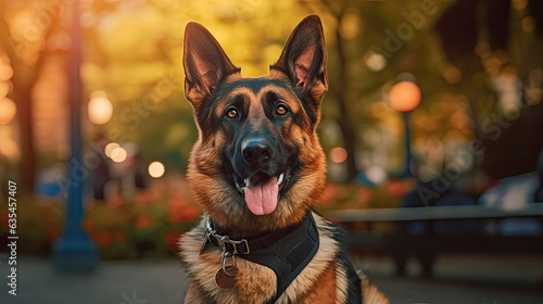A Service dog of the German Shepherd breed in a police uniform. Police dog. Sniffer Dog. Generative Ai