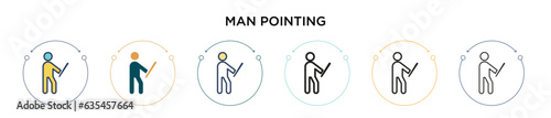 Man pointing icon in filled, thin line, outline and stroke style. Vector illustration of two colored and black man pointing vector icons designs can be used for mobile, ui, web
