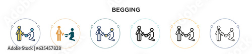 Begging icon in filled, thin line, outline and stroke style. Vector illustration of two colored and black begging vector icons designs can be used for mobile, ui, web