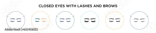 Closed eyes with lashes and brows icon in filled, thin line, outline and stroke style. Vector illustration of two colored and black closed eyes with lashes and brows vector icons designs can be used