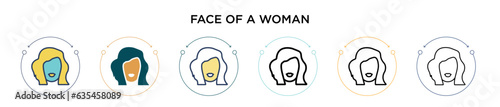 Face of a woman icon in filled, thin line, outline and stroke style. Vector illustration of two colored and black face of a woman vector icons designs can be used for mobile, ui, web