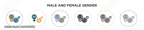Male and female gender symbols icon in filled, thin line, outline and stroke style. Vector illustration of two colored and black male and female gender symbols vector icons designs can be used for