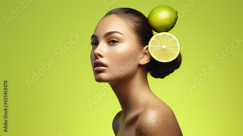 Lime Beauty Model Portrait. Web banner with empty copy space on the side. Generative AI.