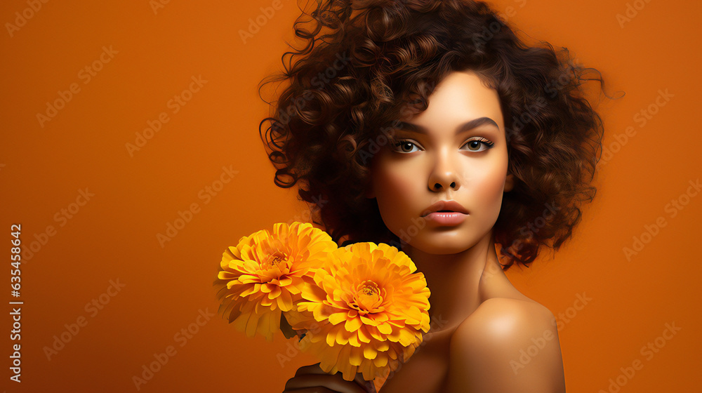 Marigold Beauty Model Portrait. Web banner with empty copy space on the side. Generative AI. Marigold Beauty Model Portrait. Web banner with empty copy space on the side. Generative AI.