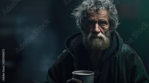 Portrait of a poor old man or homeless man wears hat has a problem with something, created with Generative AI technology
