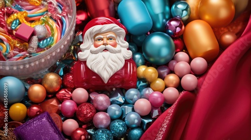 St. Nicholas toy, candies and decorations. Festive decor.
