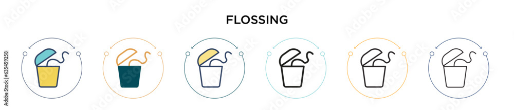Flossing icon in filled, thin line, outline and stroke style. Vector illustration of two colored and black flossing vector icons designs can be used for mobile, ui, web