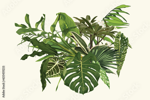 Tropical palm bananas tree and exotic leaves composition over white background. Fashion summer print for wrapping, fabric, invitation card and your template design.