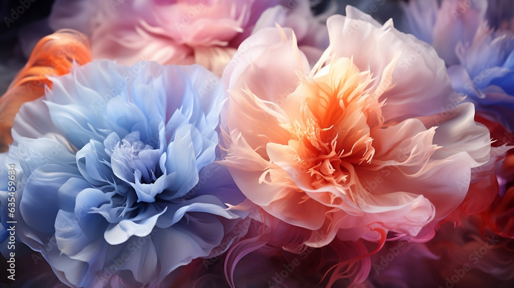 This is a close-up photograph of a peony flower set against a rainbow patchwork background, with a colorful pastel neon mist creating a foggy atmosphere around it. Generative AI