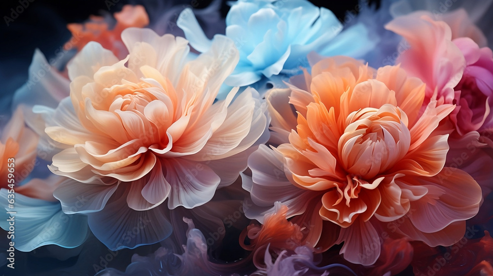 This is a close-up photograph of a peony flower set against a rainbow patchwork background, with a colorful pastel neon mist creating a foggy atmosphere around it. Generative AI