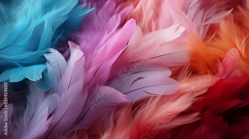 A close-up image of a fluffy white feather set against a colorful, pastel, neon mist, resembling a patchwork rainbow background. Generative AI © Kateryna Kordubailo