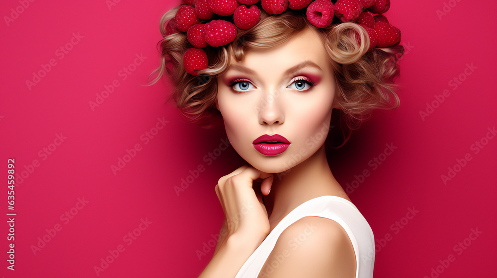 Raspberry Beauty Model Portrait. Web banner with empty copy space on the side. Generative AI. Raspberry Beauty Model Portrait. Web banner with empty copy space on the side. Generative AI.