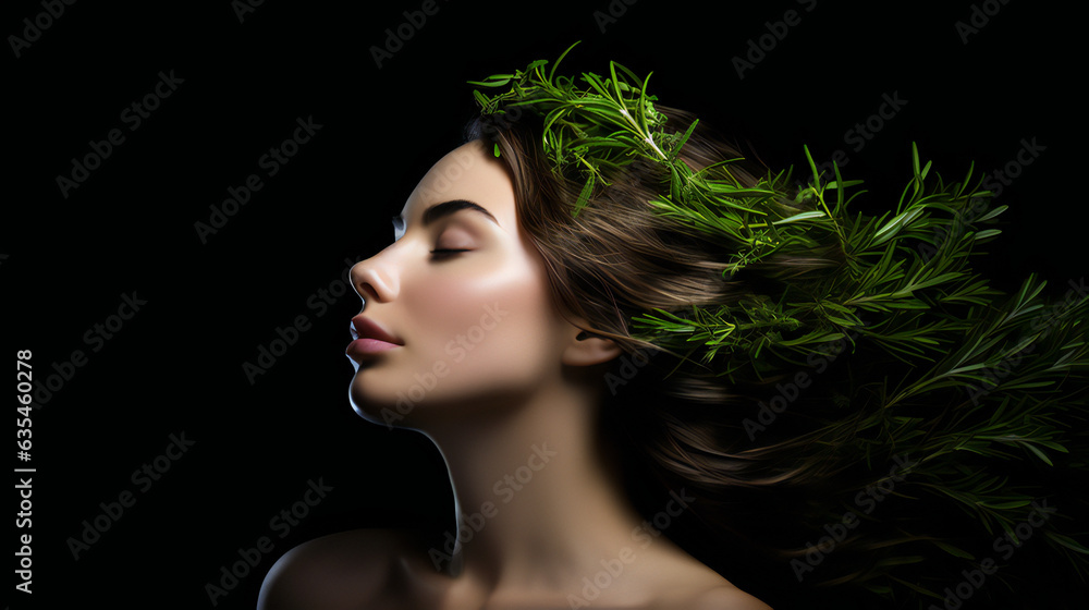 Rosemary Beauty Model Portrait. Web banner with empty copy space on the side. Generative AI. Rosemary Beauty Model Portrait. Web banner with empty copy space on the side. Generative AI.