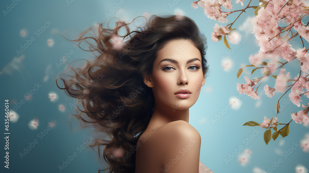 Spring Beauty Model Portrait. Web banner with empty copy space on the side. Generative AI.