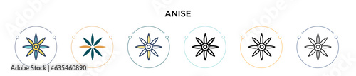Anise icon in filled, thin line, outline and stroke style. Vector illustration of two colored and black anise vector icons designs can be used for mobile, ui, web