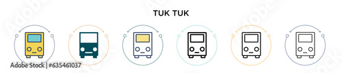 Tuk tuk icon in filled, thin line, outline and stroke style. Vector illustration of two colored and black tuk tuk vector icons designs can be used for mobile, ui, web
