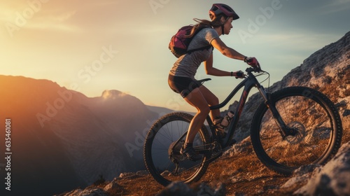 Young woman riding bicycle on beautiful mountain trail in morning, cyclist on sports bike, Generative AI © Onchira