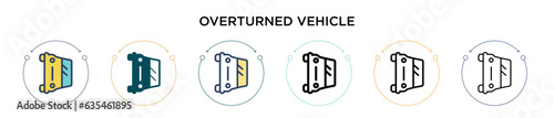 Overturned vehicle icon in filled, thin line, outline and stroke style. Vector illustration of two colored and black overturned vehicle vector icons designs can be used for mobile, ui, web