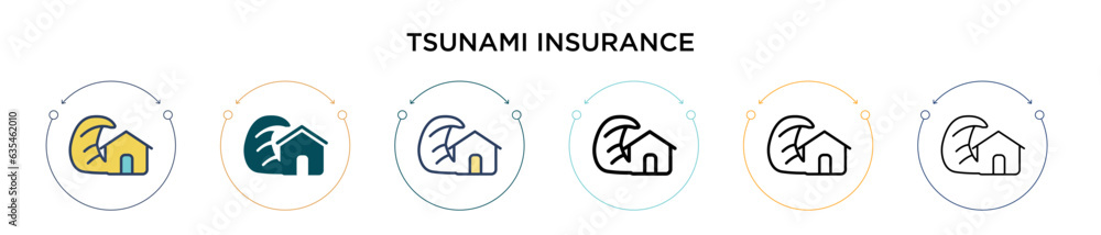 Tsunami insurance icon in filled, thin line, outline and stroke style. Vector illustration of two colored and black tsunami insurance vector icons designs can be used for mobile, ui, web