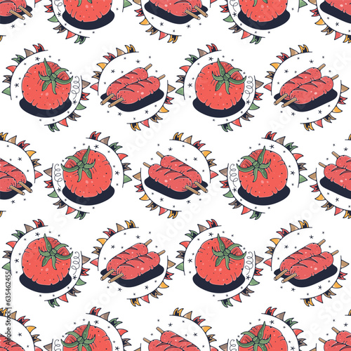 Tomatoes and Sausages. Seamless pattern on a white background. Cute vector illustration.