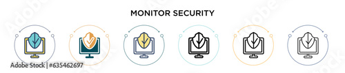 Monitor security icon in filled, thin line, outline and stroke style. Vector illustration of two colored and black monitor security vector icons designs can be used for mobile, ui, web