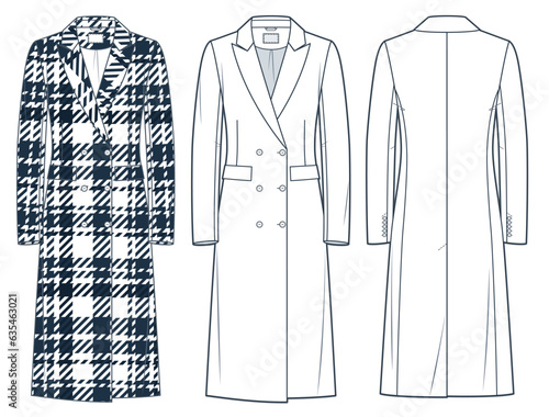 Сlassic double breasted Coat technical fashion illustration, black plaid design. Midi Coat fashion flat technical drawing template, front, back view, white, Outerwear women, men, unisex CAD mockup set