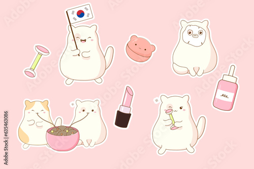 set of stickers cute korean cat and cosmetics