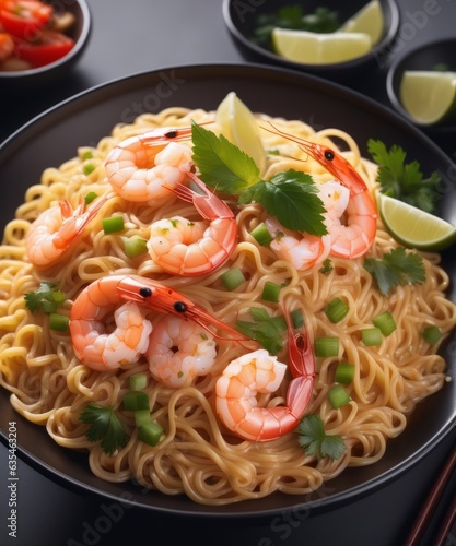 a plate of noodles with shrimp and garnishes on a black plate with chopsticks and lime