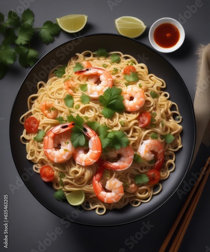 a plate of noodles with shrimp and garnishes on a black plate with chopsticks and lime