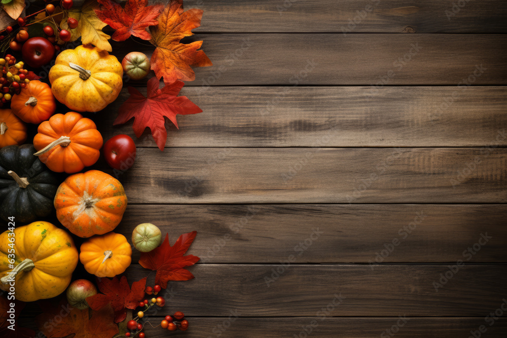 Thanksgiving background: Apples, pumpkins and fallen leaves on wooden background. Copy space for text. Halloween, Thanksgiving day or seasonal background. Generative AI. Thanksgiving background: Apples, pumpkins and fallen leaves on wooden background. Copy space for text. Halloween, Thanksgiving day or seasonal background. Generative AI.
