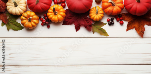 Festive autumn decor from pumpkins, berries and leaves on a white wooden background. Concept of Thanksgiving day or Halloween with copy space. Generative AI.