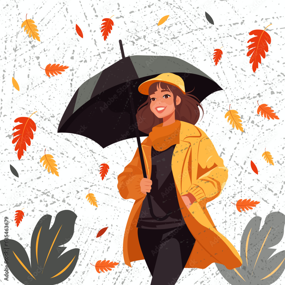 Fototapeta premium Vector flat illustration in cartoon style. A happy young woman with an umbrella, in comfortable warm clothes, walks in the park under the autumn rain. 