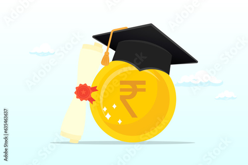 Rupie money coin with mortarboard graduation cap and certificate, education cost, tuition or scholarship, money for university or graduation, school expense or student debt, college diploma (Vector)