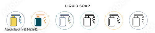 Liquid soap icon in filled, thin line, outline and stroke style. Vector illustration of two colored and black liquid soap vector icons designs can be used for mobile, ui, web