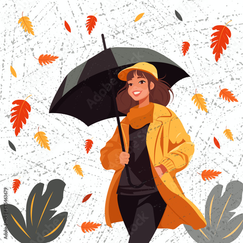 Vector flat illustration in cartoon style. A happy young woman with an umbrella, in comfortable warm clothes, walks in the park under the autumn rain. 