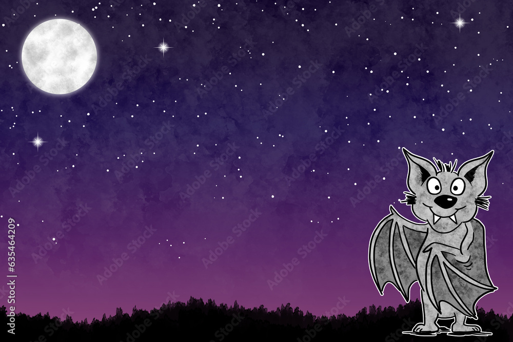 illustration of a presenting cartoon bat in night sky with copy space and stars illustration of a presenting cartoon bat in night sky with copy space and stars