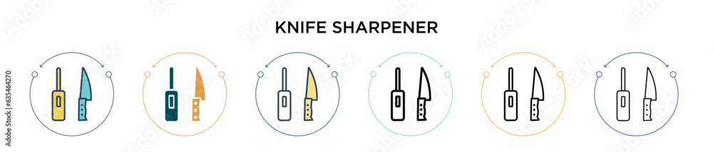 Knife sharpener icon in filled, thin line, outline and stroke style. Vector illustration of two colored and black knife sharpener vector icons designs can be used for mobile, ui, web