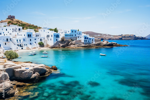Old cycladic Greek village by the sea, with white houses and blue sea