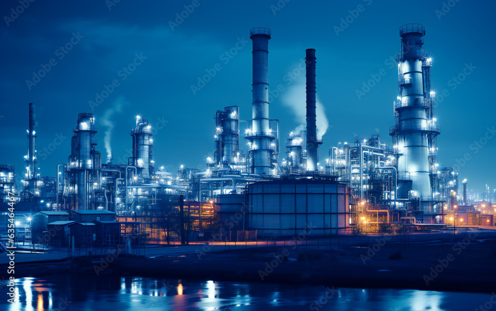 A chemical plant or an oil refinery in the night, with lights, pipes and installations