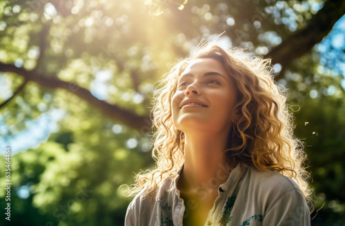 Young woman in the park in the morning, looking high up