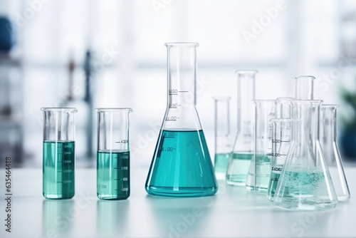 Glass flasks for liquid samples of reagents. Laboratory equipment for dispensing liquid samples. Chemical liquids analysis and testing.