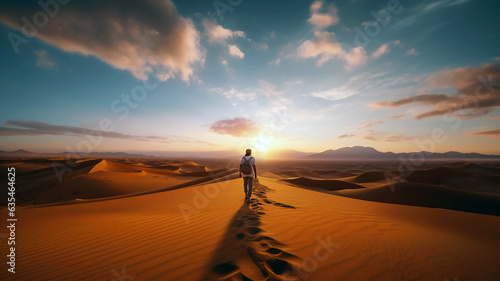 A traveler walking on the top of a sand dune in the desert. The man searching for the best way. Sunset sky, horizon. Fantasy concept of hope, patience, endurance. Image made by Generative AI