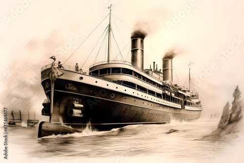Wallpaper Mural vintage monochrome drawing of a passenger steamship - generative ai