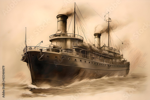 Obraz na plátne vintage monochrome drawing of a passenger steamship - generative ai