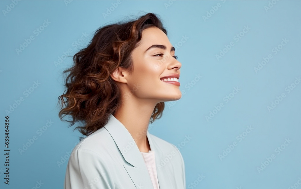 Dreamy and pensive looking young woman in profile portrait - isolated on light blue background Dreamy and pensive looking young woman in profile portrait - isolated on light blue background