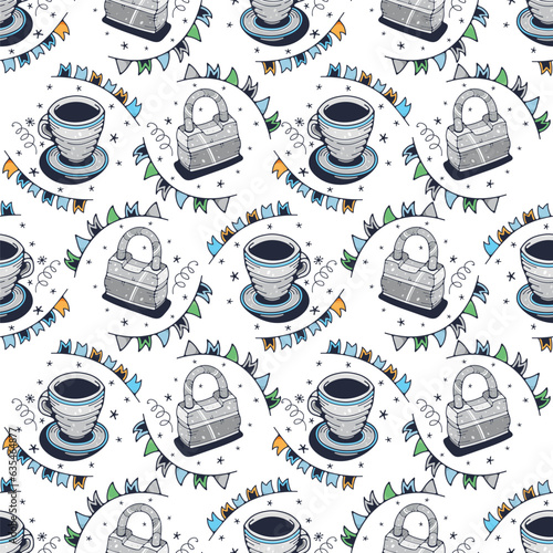 Coffee cup and padlocks. Seamless pattern on a white background. Cute vector illustration. © sdmin_d