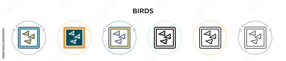 Birds icon in filled, thin line, outline and stroke style. Vector illustration of two colored and black birds vector icons designs can be used for mobile, ui, web