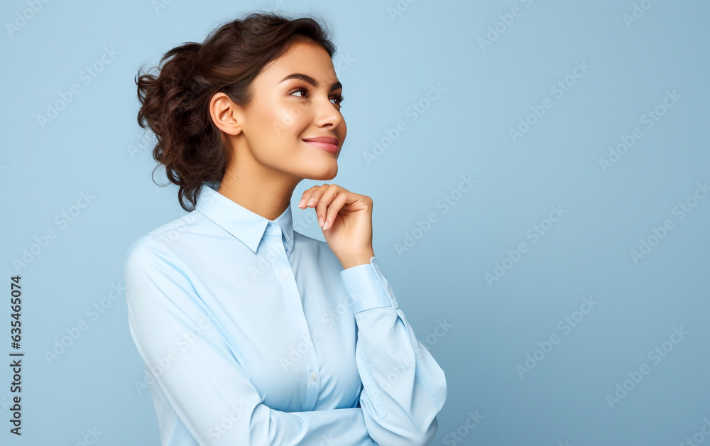 Dreamy and pensive looking young woman in profile portrait - isolated on light blue background Dreamy and pensive looking young woman in profile portrait - isolated on light blue background