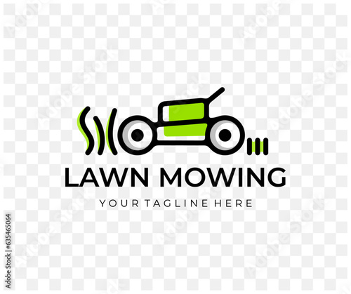 Lawn mower, mower, grass-cutter, mows grass, colored graphic design. Landscaping, grass, nature, garden and gardening, vector design and illustration