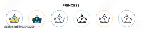 Princess icon in filled, thin line, outline and stroke style. Vector illustration of two colored and black princess vector icons designs can be used for mobile, ui, web